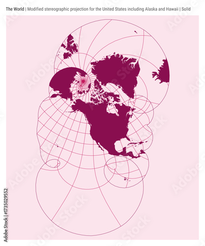 World Map. Modified stereographic projection for the United States including Alaska and Hawaii. Solid style. High Detail World map for infographics, education, reports, presentations.