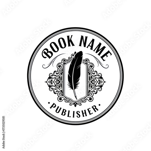 Circular logo design featuring a feather, ornate frame, and text elements for a book.
