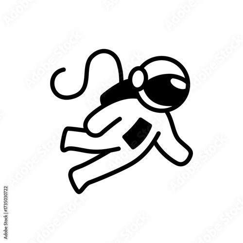 Minimalist astronaut floating in zero gravity. Simple black and white line art icon of a spaceman for space exploration themes