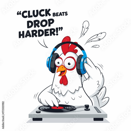 2D flat vector illustration of a gilpy cartoon hen wearing oversized headphones, standing behind a turntable with wings up as if scratching vinyl, eyes wide with excitement, feathers flying