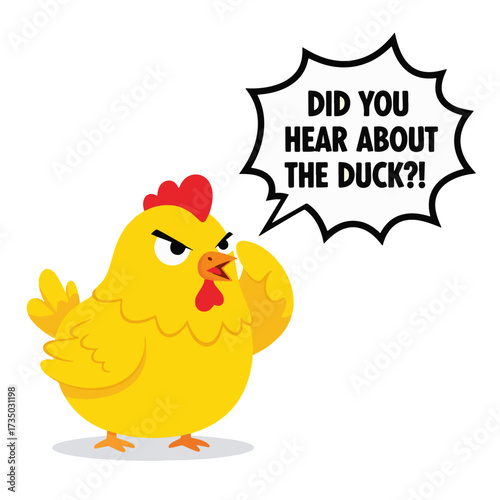 2D flat vector illustration of a gilpy cartoon hen with beak half open as if whispering gossip, eyes darting sideways mischievously, one wing covering her mouth