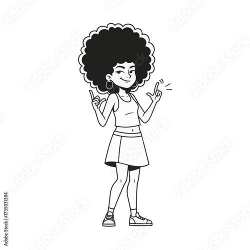 2D flat vector illustration of a gilpy teenage girl in tank top and skirt with sneakers, snapping fingers in rhythm while leaning slightly back with a smirk