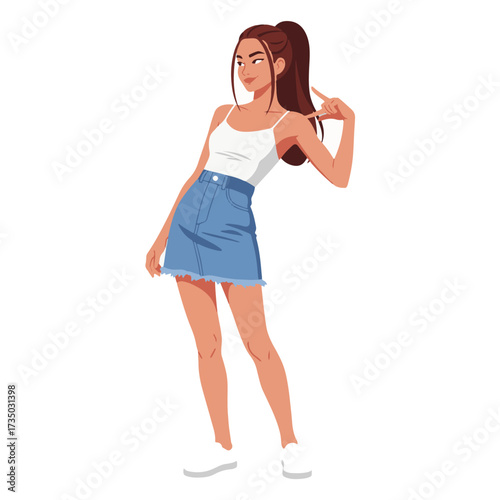 2D flat vector illustration of a gilpy teenage girl in tank top and skirt with sneakers, snapping fingers in rhythm while leaning slightly back with a smirk