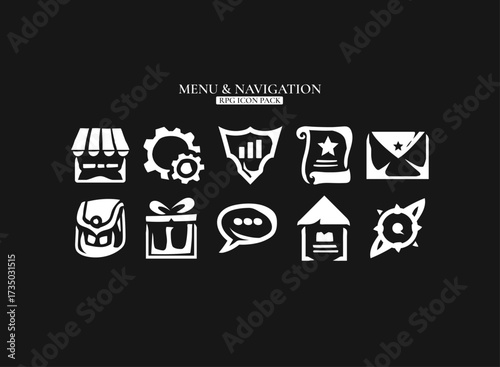 Fantasy RPG Menu and Navigation Icon Pack – Shop, Gear, Quest, Mail, Chat, Inventory, Reward, Stats, and Map Vector UI Icons for Role Playing Game Interface and Adventure HUD Design