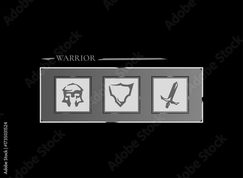 Fantasy RPG class selection UI panel with warrior helmet, shield, and sword icons. Medieval game interface for role playing adventure, MMORPG character choice menu, dark gothic HUD screen design.
