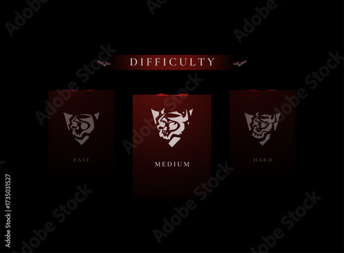 Fantasy game UI difficulty selection screen with skull demon icons for easy, medium, hard mode. Dark gothic interface design for RPG, MMORPG, adventure, horror game menu template.