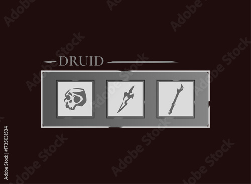 Fantasy RPG druid class selection UI panel with skull, dagger, and magic staff icons. Medieval role playing game interface for character choice menu, MMORPG adventure dark gothic HUD screen design.
