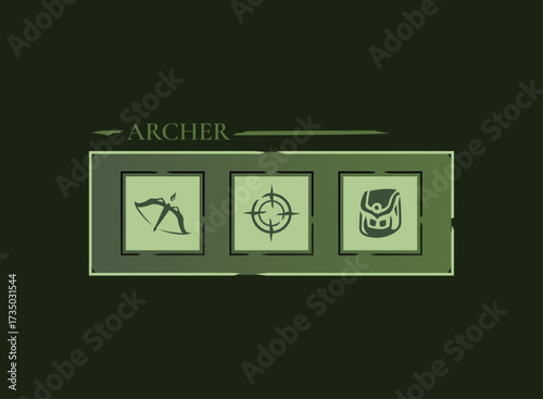 Fantasy RPG archer class selection UI panel with bow, target, and quiver icons. Medieval role playing game interface for character choice screen, MMORPG adventure fantasy dark gothic HUD menu design.