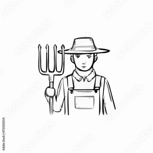Farmer with pitchfork hand dr...