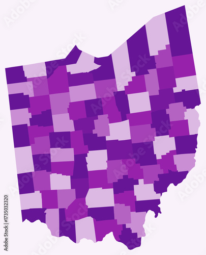 Map of Ohio with counties. Just a simple state border map with county division. Purple color palette. Plain State of Ohio shape with administrative division. Vector illustration.