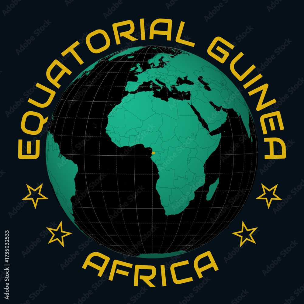 Obraz premium Equatorial Guinea on Globe. Round country and continent name text. Country view on world map in Black Emerald color palette. Equatorial Guinea shape on map. Stylish vector illustration.