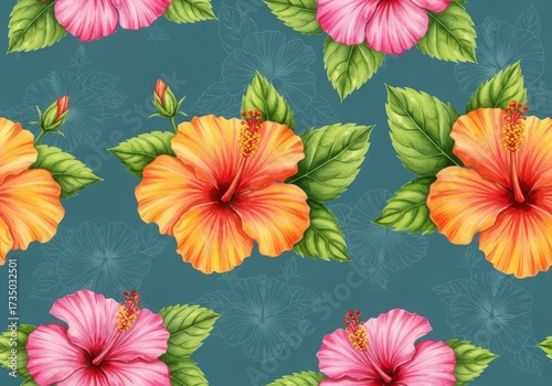 Wallpaper Mural Vibrant watercolor hibiscus flowers seamless pattern on textured teal background Torontodigital.ca