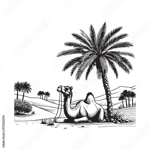 Desert Scene with Camel and Palm Tree