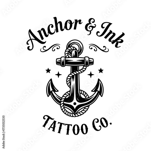 Black and white tattoo logo featuring an anchor with rope and the words Anchor & Ink Tattoo Co.