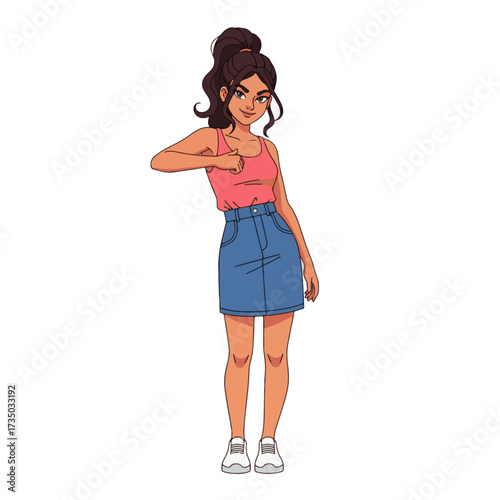 2D flat vector illustration of a gilpy teenage girl in tank top and skirt with sneakers, snapping fingers in rhythm while leaning slightly back with a smirk