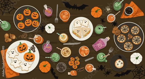 A delectable flat design illustration showcasing a table filled with creative Halloween-themed food and drinks, perfect for a party. This minimalist 2D vector art highlights festive culinary delights.