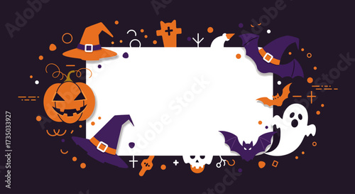 A clean flat design illustration of a Halloween party invitation concept, featuring minimalist spooky icons and ample copy space. This 2D vector art is ideal for event promotions.
