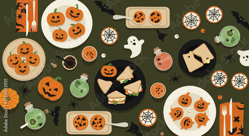 A delectable flat design illustration showcasing a table filled with creative Halloween-themed food and drinks, perfect for a party. This minimalist 2D vector art highlights festive culinary delights.