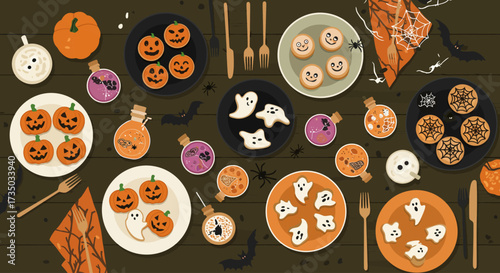 A delectable flat design illustration showcasing a table filled with creative Halloween-themed food and drinks, perfect for a party. This minimalist 2D vector art highlights festive culinary delights.