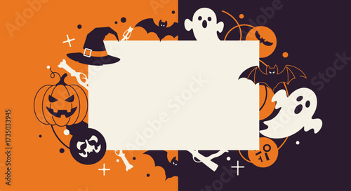A clean flat design illustration of a Halloween party invitation concept, featuring minimalist spooky icons and ample copy space. This 2D vector art is ideal for event promotions.