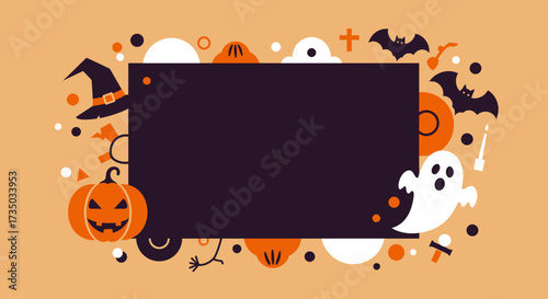 A clean flat design illustration of a Halloween party invitation concept, featuring minimalist spooky icons and ample copy space. This 2D vector art is ideal for event promotions.
