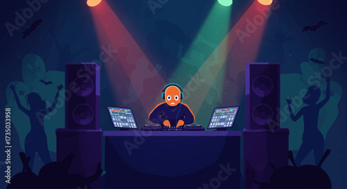 A dynamic flat design illustration of a DJ creating a spooky vibe at a Halloween party, with music and subtle festive decorations. This minimalist 2D vector art captures the entertainment aspect.