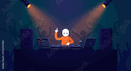 A dynamic flat design illustration of a DJ creating a spooky vibe at a Halloween party, with music and subtle festive decorations. This minimalist 2D vector art captures the entertainment aspect.
