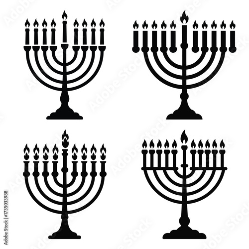 hanukkah menorah with silhouette vector icon set, black color and white background