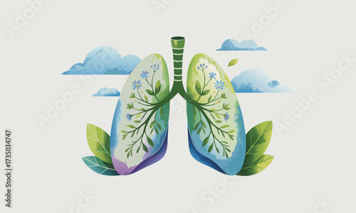 Artistic Illustration of Floral Lungs with Greenery and Clouds.