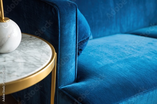 Luxurious Teal Velvet Sofa and Marble Side Table with Golden Accents.