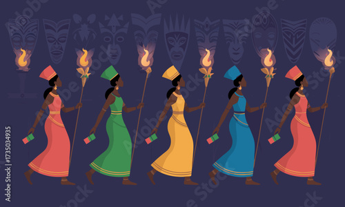 Colorful African Women Walking with Staffs and Flags.