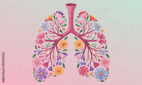 Floral Lungs Illustration with Colorful Flowers and Petals.