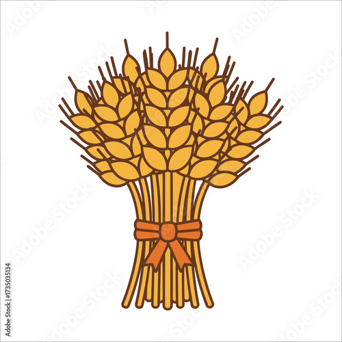 A stylized illustration of a sheaf of golden wheat stalks, bundled together and tied with an orange ribbon bow.