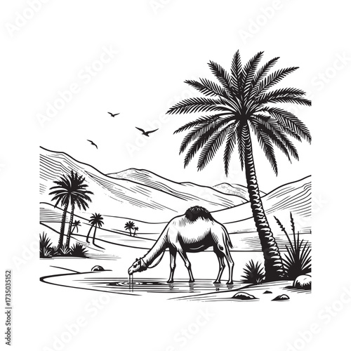 Desert Scene with Camel and Palm Tree