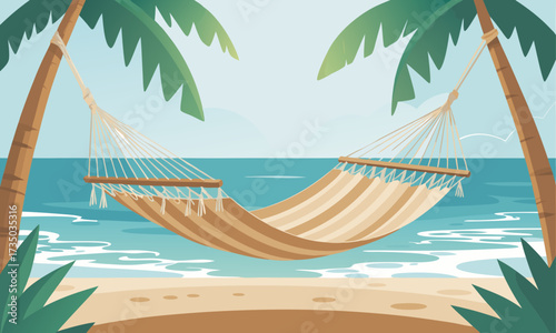 Relaxing Beach Hammock Hanging Between Palm Trees.