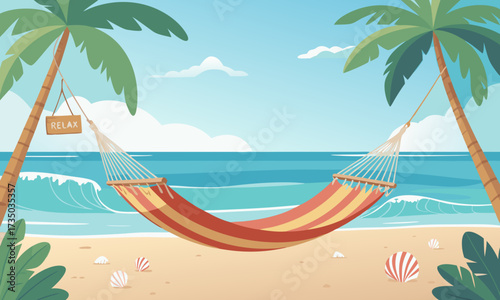 Relaxing Striped Hammock Hanging Between Palm Trees.