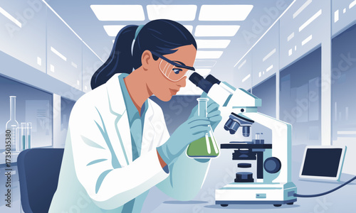 Scientist Examining Sample with Microscope in Lab.