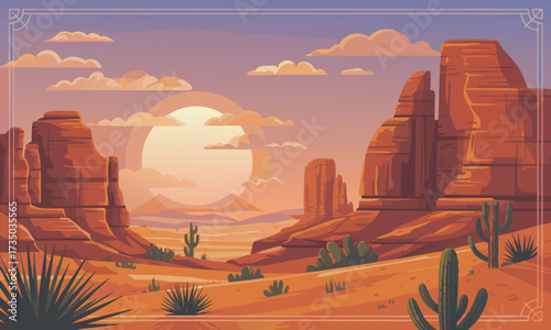 Stylized Desert Landscape with Canyons Cacti and Clouds.