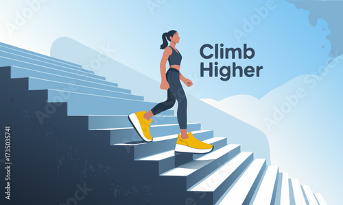 Woman Climbing Stairs Symbolizing Progress and Achievement.