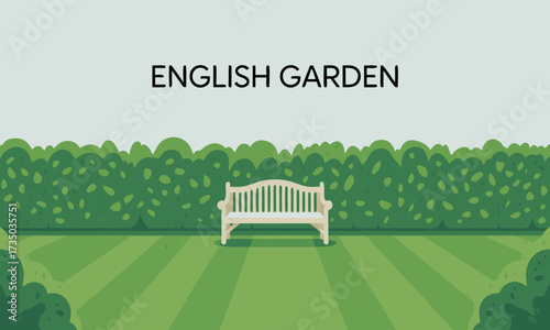 White Bench in English Garden Illustration.