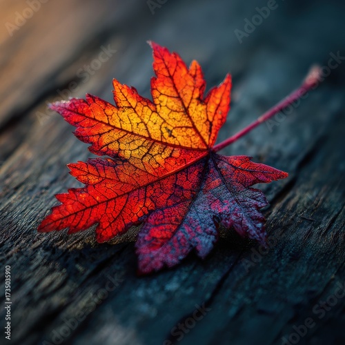 Vivid Autumn Maple Leaf on Weathered Wood, Close-up, Warm Colors, Texture, Seasonal Beauty.