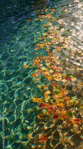 Shimmering Turquoise Water, Golden Autumn Leaves, Sunlit Ripples, Abstract Nature Pattern.