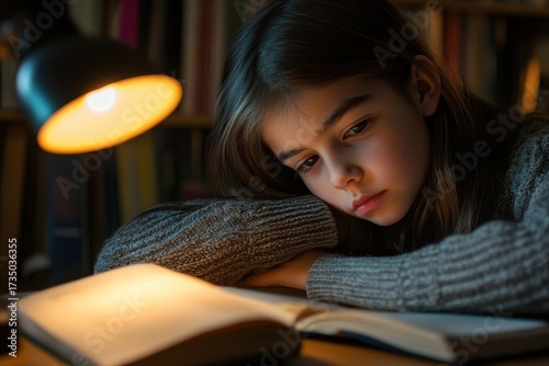 Young Girl Reading a Book Under Warm Desk Lamp Light