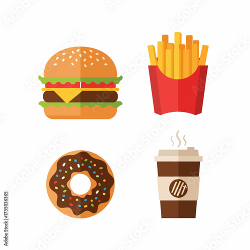 A vibrant set of flat design fast food icons, featuring a hamburger, crispy french fries, a chocolate donut, and a steaming coffee cup