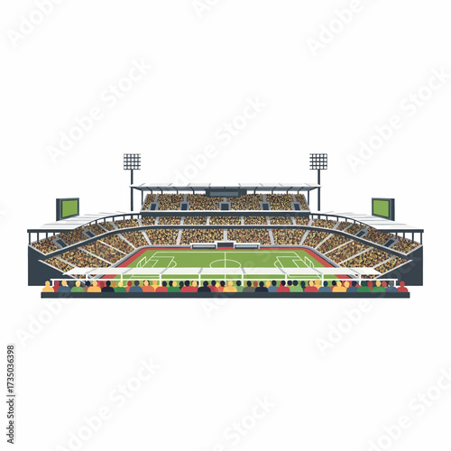 Vibrant illustration of a packed stadium featuring a lush green field and a cheering crowd