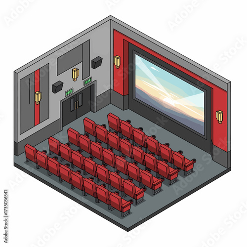An isometric vector illustration depicting an empty movie theater auditorium with rows of red seats and a large screen