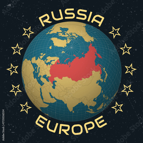 Russian Federation on Globe. Country name round text. Vintage look with grunge scratched texture. Country view on world map in Sky Blue Light Yellow color palette. Russia shape on map.