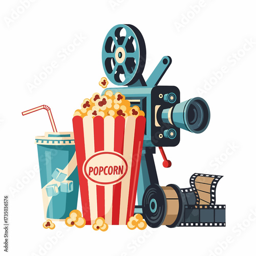 This illustration combines a vintage film camera, popcorn, and a refreshing soda, representing the classic joy of movie-watching and cinematic entertainment.