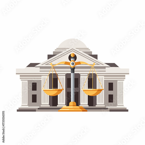 A modern flat design illustration of a courthouse building with the iconic scales of justice, symbolizing law, order, and the legal system.