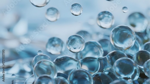 Close-up of transparent water droplets suspended in air, reflecting light with a blue-toned background